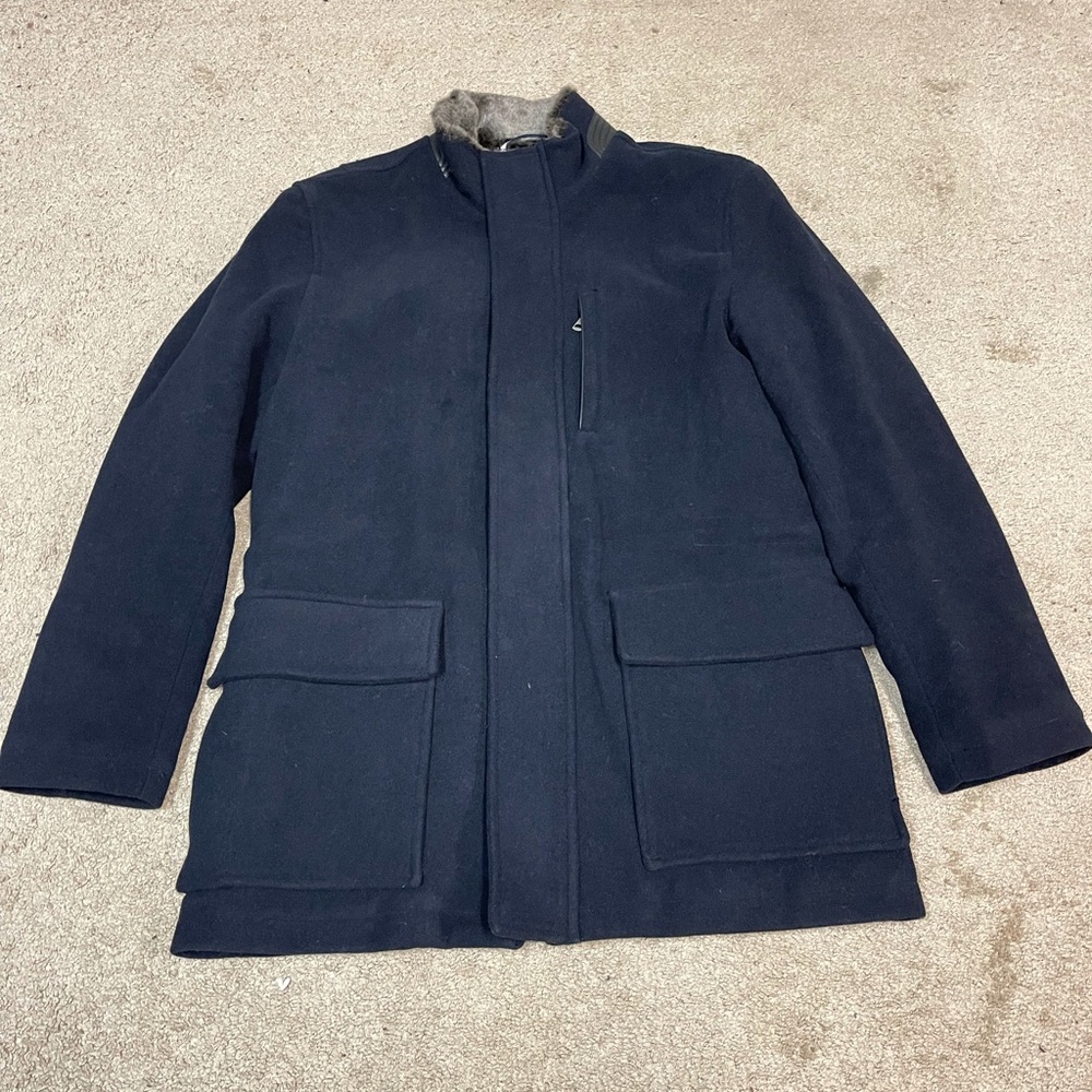 Like New Cole Haan Signature Men’s Wool Fur Lining Navy Coat Size Medium
